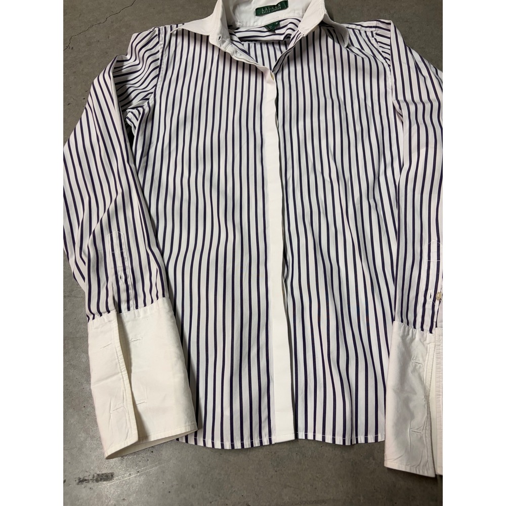 Lauren Ralph Lauren Navy White Striped Button Down Shirt Contrast Collar Cuff M - Picture 2 of 8